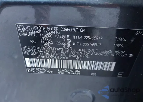 2017 Toyota Rav4 Xle из США, поврежденный, VIN JTMWFREVXHJ149801